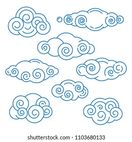 Set of abstract clouds in line art style on white background. Vector illustration