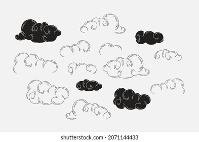 Set of abstract clouds in linear and silhouette style. Chinese and Curl cloud celestial elements. Vector