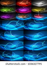 Set of abstract clouds neon glowing magic backgrounds, dark shiny vector backgrounds with light effects for web banner, business or technology presentation. Vector illustration