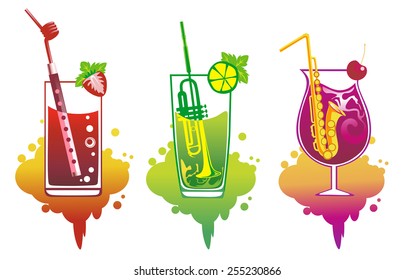 Set of abstract cocktails with straws in the form of wind musical instruments – flute, saxophone, trumpet. Conceptual design for bar, restaurant, karaoke, party. Vector illustration.