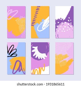 Conjunto de antecedentes abstractos de la historia de collage. Patrón dibujado a mano con un estilo de moda. Colores claros de verano. Ilustración vectorial. 