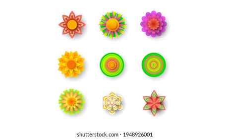 Set Abstract Collection 3D Colors Flower Paper Cut Background Vector Modern Design Style Shadow