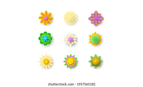 Set Abstract Collection 3D Colors Flower Paper Cut Background Vector Modern Design Style Shadow