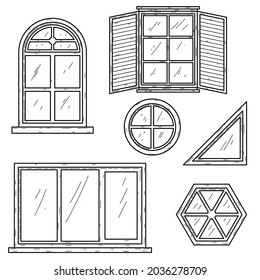 Establecer La Colección Resumen Ventanas De Contorno De Doodle De Línea Simple Negra Para Elementos De Edificios Diseño Esbozo Aislado En Ilustración De Fondo Blanco
