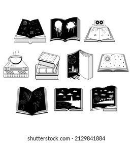 Set Abstract Collection Black Simple Line Doodle Outline Element Vector Design Style Sketch Isolated On White Background Illustration For Reading, Education, Relax