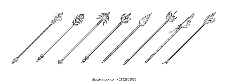 Set Abstract Collection Black Simple Line Spear Weapon Doodle Outline Element Vector Design Style Sketch Isolated On White Background Illustration For War, Battle