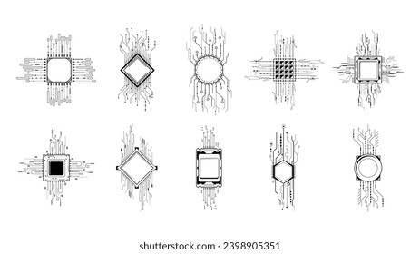Set Abstract Collection Black Simple Line Cpu, Computer, Technology Doodle Outline Element Vector Design Style Sketch Isolated On White Background Illustration