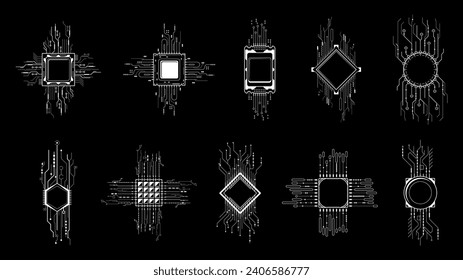 Set Abstract Collection Black Simple Line Cpu, Computer, Technology Doodle Outline Element Vector Design Style Sketch Isolated On White Background Illustration