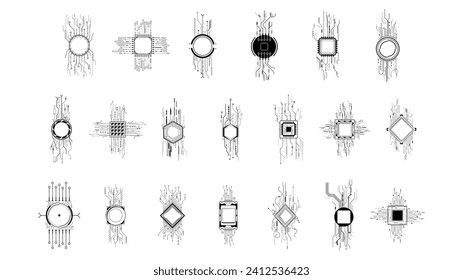 Set Abstract Collection Black Simple Line Cpu, Computer, Technology Doodle Outline Element Vector Design Style Sketch Isolated On White Background Illustration