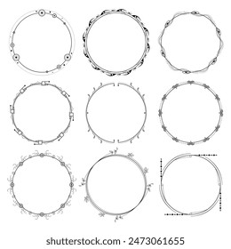 Set Abstract Collection Black Simple Line Round Circle With Leaf Leaves Frame Flowers Doodle Outline Element Vector Design Style Sketch Isolated Illustration For Wedding And Banner