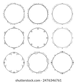 Set Abstract Collection Black Simple Line Round Circle With Leaf Leaves Frame Flowers Doodle Outline Element Vector Design Style Sketch Isolated Illustration For Wedding And Banner