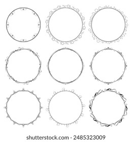 Set Abstract Collection Black Simple Line Round Circle With Leaf Leaves Frame Flowers Doodle Outline Element Vector Design Style Sketch Isolated Illustration For Wedding And Banner