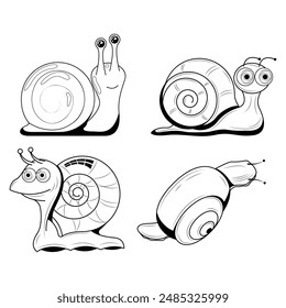 Set Abstract Collection Black Simple Animal Snail Spiral Shell Nature Doodle Outline Element Vector Design Style Sketch Isolated On White Background Illustration