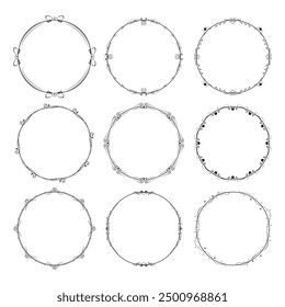Set Abstract Collection Black Simple Line Round Circle With Leaf Leaves Frame Flowers Doodle Outline Element Vector Design Style Sketch Isolated Illustration For Wedding And Banner