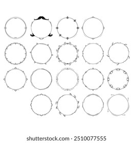 Set Abstract Collection Black Simple Line Round Circle With Leaf Leaves Frame Flowers Doodle Outline Element Vector Design Style Sketch Isolated Illustration For Wedding And Banner