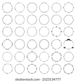 Set Abstract Collection Black Simple Line Round Circle With Leaf Leaves Frame Flowers Doodle Outline Element Vector Design Style Sketch Isolated Illustration For Wedding And Banner