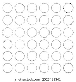 Set Abstract Collection Black Simple Line Round Circle With Leaf Leaves Frame Flowers Doodle Outline Element Vector Design Style Sketch Isolated Illustration For Wedding And Banner