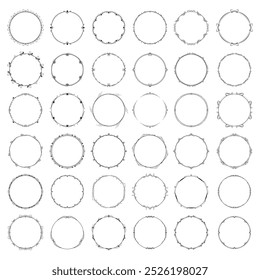 Set Abstract Collection Black Simple Line Round Circle With Leaf Leaves Frame Flowers Doodle Outline Element Vector Design Style Sketch Isolated Illustration For Wedding And Banner