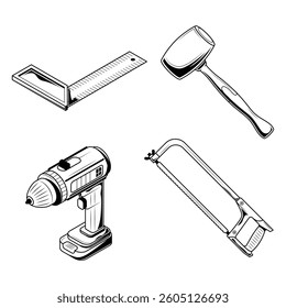 Set Abstract Collection Black Simple Line Work Building Engineering Tools Instrument Mechanical Doodle Outline Element Vector Design Style Sketch Isolated On White Background Illustration