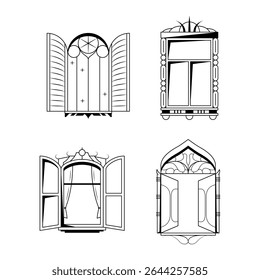 Set Abstract Collection Black Simple Line Doodle Outline Window For Buildings Element Vector Design Style Sketch Isolated On White Background Illustration