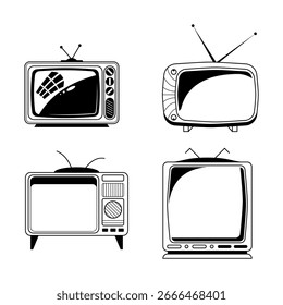 Set abstrakte Kollektion Schwarz Einfache Linie Altes Fernsehen Doodle Umrisselement Vektordesign Stilskizze einzeln auf weißem Hintergrund Illustration