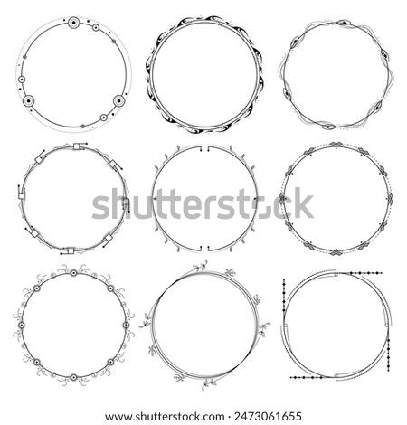 Set Abstract Collection Black Simple Line Round Circle With Leaf Leaves Frame Flowers Doodle Outline Element Vector Design Style Sketch Isolated Illustration For Wedding And Banner