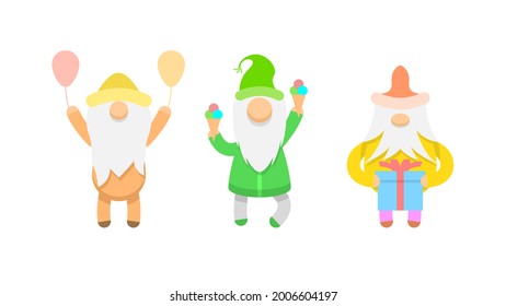 Set Abstract Collection Cute Flat Cartoon Different Character Gnomes With Balloons Ice Cream Gift Holiday Birthday Vector Design Style Elements