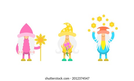 Set Abstract Collection Cute Flat Cartoon Different Character Gnomes Girls With Flowers Vector Design Style Elements