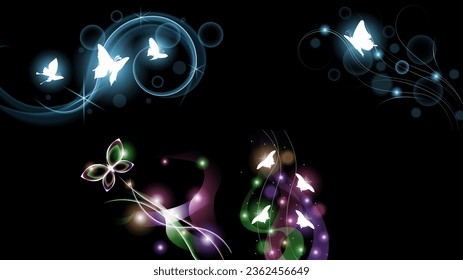 Set Abstract Collection Dark Background With Butterflies Insects Glow Light Shine Flashes Vector Design Style