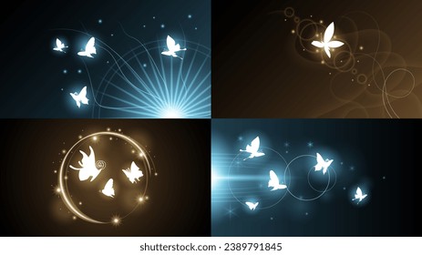 Set Abstract Collection Dark Background With Butterflies Insects Glow Light Shine Flashes Vector Design Style