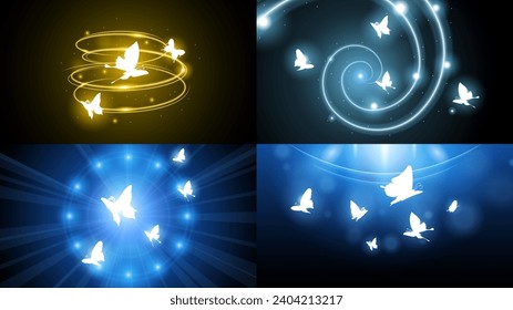 Set Abstract Collection Dark Background With Butterflies Insects Glow Light Shine Flashes Vector Design Style