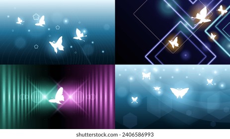 Set Abstract Collection Dark Background With Butterflies Insects Glow Light Shine Flashes Vector Design Style