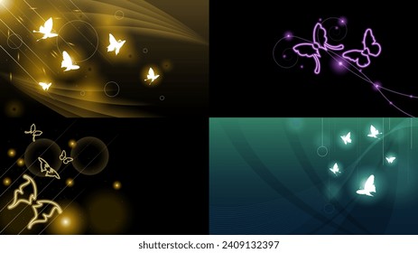 Set Abstract Collection Dark Background With Butterflies Insects Glow Light Shine Flashes Vector Design Style