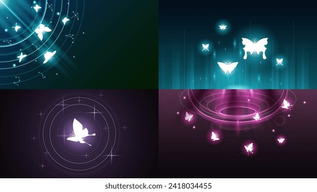 Set Abstract Collection Dark Background With Butterflies Insects Glow Light Shine Flashes Vector Design Style