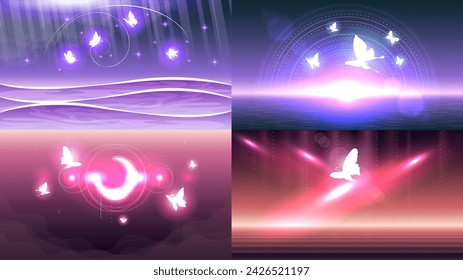 Set Abstract Collection Dark Background With Butterflies Insects Glow Light Shine Flashes Vector Design Style