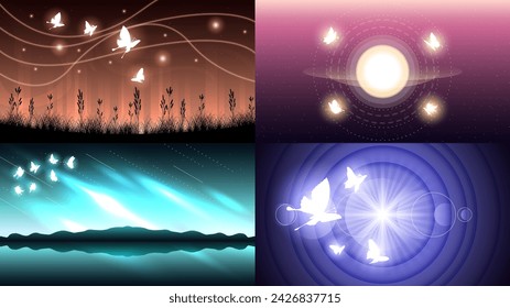 Set Abstract Collection Dark Background With Butterflies Insects Glow Light Shine Flashes Vector Design Style