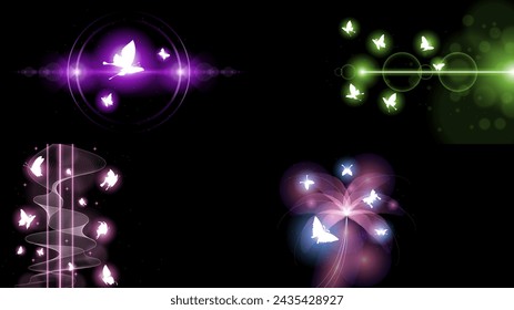 Set Abstract Collection Dark Background With Butterflies Insects Glow Light Shine Flashes Vector Design Style