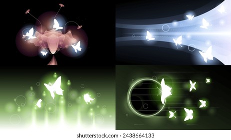 Set Abstract Collection Dark Background With Butterflies Insects Glow Light Shine Flashes Vector Design Style