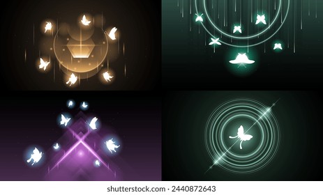 Set Abstract Collection Dark Background With Butterflies Insects Glow Light Shine Flashes Vector Design Style