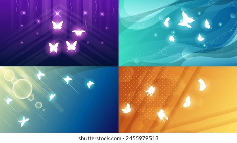 Set Abstract Collection Dark Background With Butterflies Insects Glow Light Shine Flashes Vector Design Style