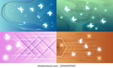 Set Abstract Collection Dark Background With Butterflies Insects Glow Light Shine Flashes Vector Design Style