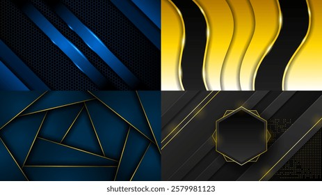 Set Abstract Collection Dark Black Gold Material Modern Background With Golden Lines Stripes Shadows Backdrop Wallpaper Decoration Vector Design Style