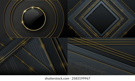 Set Abstract Collection Dark Black Gold Material Modern Background With Golden Lines Stripes Shadows Backdrop Wallpaper Decoration Vector Design Style