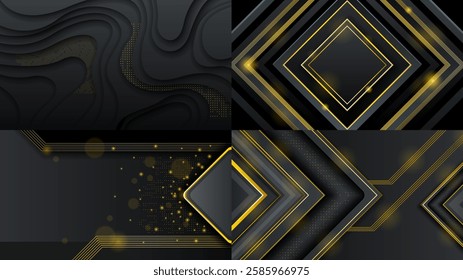 Set Abstract Collection Dark Black Gold Material Modern Background With Golden Lines Stripes Shadows Backdrop Wallpaper Decoration Vector Design Style