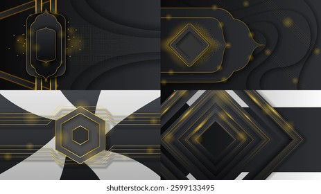 Set Abstract Collection Dark Black Gold Material Modern Background With Golden Lines Stripes Shadows Backdrop Wallpaper Decoration Vector Design Style