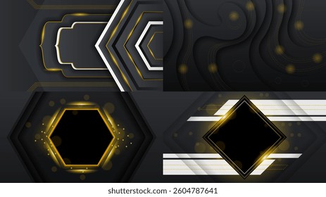 Set Abstract Collection Dark Black Gold Material Modern Background With Golden Lines Stripes Shadows Backdrop Wallpaper Decoration Vector Design Style