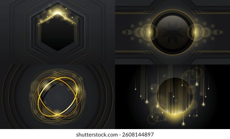 Set Abstract Collection Dark Black Gold Material Modern Background With Golden Lines Stripes Shadows Backdrop Wallpaper Decoration Vector Design Style