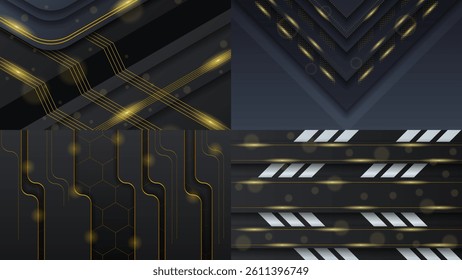 Set Abstract Collection Dark Black Gold Material Modern Background With Golden Lines Stripes Shadows Backdrop Wallpaper Decoration Vector Design Style