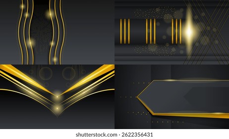 Set Abstract Collection Dark Black Gold Material Modern Background With Golden Lines Stripes Shadows Backdrop Wallpaper Decoration Vector Design Style