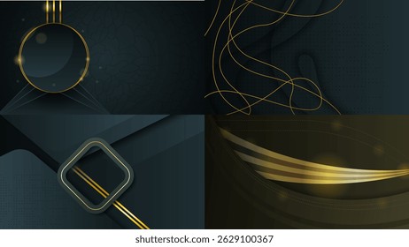 Set Abstract Collection Dark Black Gold Material Modern Background With Golden Lines Stripes Shadows Backdrop Wallpaper Decoration Vector Design Style